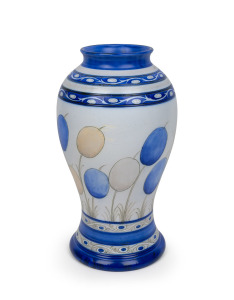 MOORCROFT "Banded Honesty" rare salt glazed English pottery vase, underglaze blue signature to base "W. Moorcroft" with impressed factory mark "MOORCROFT, MADE IN ENGLAND", 37cm high.