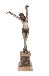 DEM&Eacute;TRE CHIPARUS (1886-1947) Egyptian Revival silvered bronze dancing figure with gilt highlights, mounted on original onyx base with Egyptian style plaque, signed on the base "D. H. Chiparus" and additionally signed on the plinth "Etling, Paris", 30cm ov
