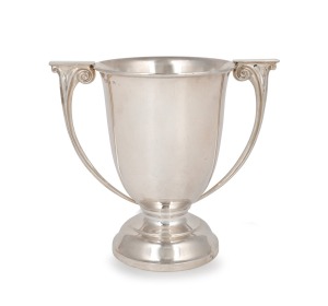 An English sterling silver two handled champagne ice bucket made by Deakin & Francis of Birmingham, circa 1930, 24cm high, 27cm wide, (note: weighted plaster filled base), 1670 grams total weight including plaster.