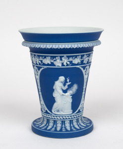 WEDGWOOD (attributed) blue Jasper Ware urn with classical vignettes and grape vine frieze, 19th century, 17cm high.