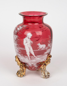MARY GREGORY antique ruby glass vase with gilt decorated feet, 19th century, ​​​​​​​20.5cm high.