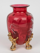 MARY GREGORY antique ruby glass vase with gilt decorated feet, 19th century, ​​​​​​​20.5cm high. - 2