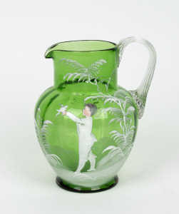 MARY GREGORY antique green glass jug with hand-painted enamel decoration, 19th century, 19cm high.