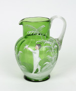 MARY GREGORY antique green glass jug with hand-painted enamel decoration, 19th century, 19cm high.