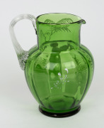 MARY GREGORY antique green glass jug with hand-painted enamel decoration, 19th century, 19cm high. - 2