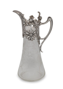 W.M.F. antique German Art Nouveau etched glass claret jug with silver plated mounts, late 19th century, 33cm high.