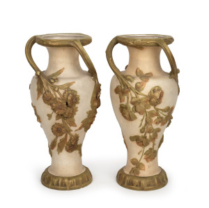 ROYAL DUX pair of antique Bohemian porcelain three handled vases with applied rose decoration, pink triangle mark to base, 40cm high.