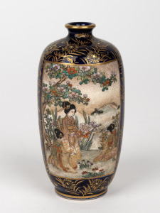 SATSUMA Japanese earthenware vase adorned with landscape vignette and geisha scene, Meiji Period, early 20th century, red and gold seal mark to base, 12cm high.