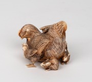 An antique Japanese carved ivory okimono figural group of a hens, rabbits, chick and duck, Meiji Period, seal mark to base, 7cm high, 8cm wide. - 2
