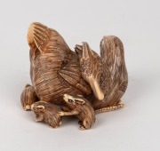 An antique Japanese carved ivory okimono figural group of a hens, rabbits, chick and duck, Meiji Period, seal mark to base, 7cm high, 8cm wide. - 4