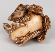 An antique Japanese carved ivory okimono figural group of a hens, rabbits, chick and duck, Meiji Period, seal mark to base, 7cm high, 8cm wide. - 5