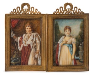 NAPOLEON & JOSEPHINE antique miniature portraits, hand-painted on ivory and attractively displayed in bi-fold ormolu frame, 19th century, 12cm high, 15cm wide (when open).