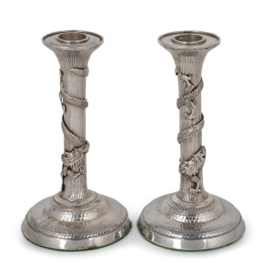 A rare pair of antique Chinese export silver candlesticks with dragon decoration, 19th/20th century, 16.5cm high, weighted bases, 615 grams total.