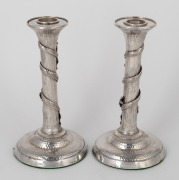 A rare pair of antique Chinese export silver candlesticks with dragon decoration, 19th/20th century, 16.5cm high, weighted bases, 615 grams total. - 2