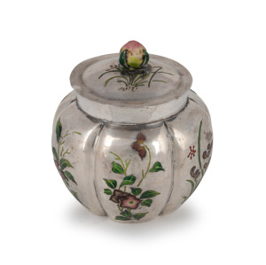 HENG LI of Tientsin (Tianjin), antique Chinese export silver lidded jar with floral enamel decoration and peach finial, 19th/20th century, seal mark to base, 7cm high, 90 grams.