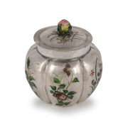 HENG LI of Tientsin (Tianjin), antique Chinese export silver lidded jar with floral enamel decoration and peach finial, 19th/20th century, seal mark to base, 7cm high, 90 grams.