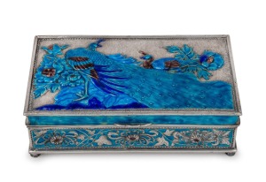 WU FENG antique Chinese export silver box adorned with peacock decoration in striking blue enamel, early 20th century, series of three seal marks to base, 5cm high, 15cm wide, 9cm deep, 400 grams.