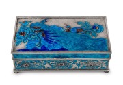 WU FENG antique Chinese export silver box adorned with peacock decoration in striking blue enamel, early 20th century, series of three seal marks to base, 5cm high, 15cm wide, 9cm deep, 400 grams.