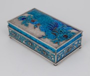 WU FENG antique Chinese export silver box adorned with peacock decoration in striking blue enamel, early 20th century, series of three seal marks to base, 5cm high, 15cm wide, 9cm deep, 400 grams. - 3