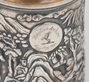 An antique Chinese silver plated export ware tankard and cover, handsomely decorated with dragon handle, seated Buddha and battle scene, engraved "RAGLAN ARCHERS, Aug. 26. 1868", ​​​​​​​17cm high. - 5