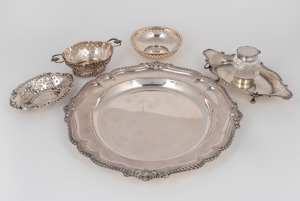 A fine quality Dutch silver bonbon dish with cast and pierced decoration together with two pierced silver dishes, a silver ink stand together with a silver plated salver made by Hardy Bros, (5 items).