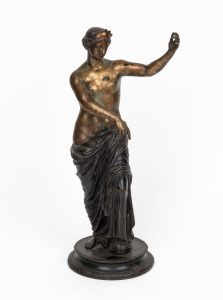 An antique gilt bronze statue of a standing female classical nude in drapery, 19th century, 40.5cm high.