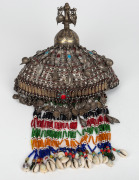 A vintage tribal Turkoman silver wedding headdress, adorned with beadwork and glass, 20th century, 50cm high overall. - 2