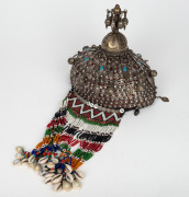 A vintage tribal Turkoman silver wedding headdress, adorned with beadwork and glass, 20th century, 50cm high overall. - 3