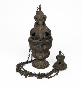 An antique metal incense burner, unknown age and origin, 110cm long overall.