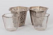 A pair of Chinese export silver hexagonal form salt cellars with original glass liners, early 20th century, maker's mark to base, 4cm high, 50 grams (excluding liners). - 2