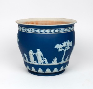 WEDGWOOD Jasper Ware antique English blue and white porcelain jardiniere with classical frieze, 19th century, impressed "WEDGWOOD", 22cm high, 25.5cm diameter.