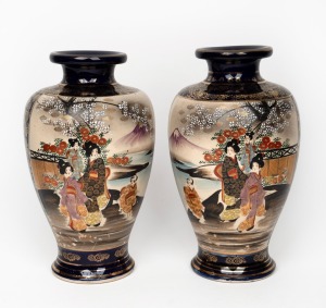 SATSUMA pair of Japanese earthenware vases on blue grounds with gilt highlights, Meiji Period, 20th century, black seal mark to base, ​​​​​​​31.5cm high.