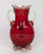 An antique ruby glass mantle urn with hand-painted griffin motif in gilt and enamel, 19th century, 30cm high. - 2