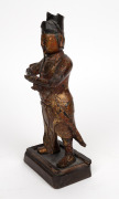 An antique Chinese cast bronze figure of a warrior with remains of gilt finish, mounted on later wooden base, 18th/19th century, 29cm high. - 2