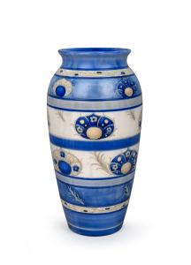 MOORCROFT "Banded Peacock Feathers" English blue and white salt glazed pottery vase, underglazed blue signature mark "W. Moorcroft" and impressed "Moorcroft, Made in England", 31.5cm high