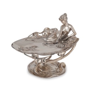 W.M.F. German Art Nouveau figural silver plated comport, circa 1900, 17.5cm high, 25cm wide.
