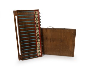 BOOKMAKER'S BOARD: Original bookmaker's betting board, double sided, showing odds for fifteen horses on each side, in original timber carry case, overall 85.5 x 97.5cm when opened.