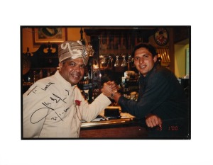 AUSTRALIAN & OTHER TEST CRICKETERS: A group of signed original photographs collected by cricket tragic Larry Mendonca, from when famous cricketers visited his restaurant in Melbourne. Signatories include David Boon, Hansie Cronje, Viv Richards, and Javed 