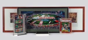 1996 AFL CENTENARY GRAND FINAL: A group comprising four souvenir finals tickets (section N18, Row D, Seat 1), an aerial view of the pre-game entertainment showing the capacity crowd at the MCG (framed and glazed, 44 x 89cm overall), a panoramic photograph
