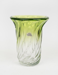VAL ST. LAMBERT green art glass vase, engraved signature and remains of original foil label, 27cm high, 21cm diameter.