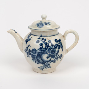 CAULEY antique English blue and white porcelain teapot, circa 1775, ​​​​​​​11cm high.