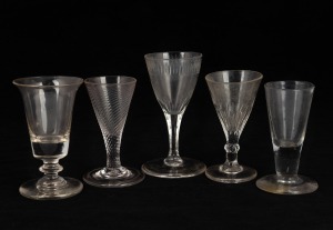 Five antique dram and cordial glasses, 18th/19th century, ​​​​​​​the largest 11.5cm high.