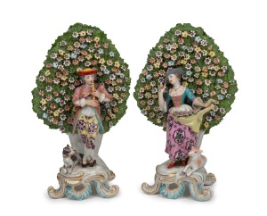 CHELSEA gold anchor period pair of ornate antique English floral porcelain statues, circa 1760, 28cm high.