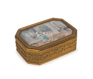 An antique French gilt bronze casket with hand-painted parlour scene top, interior lined in green velvet, 19th century, ​​​​​​​4cm high, 10.5cm wide, 89cm deep.