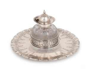 An antique English sterling silver and crystal inkwell engraved "A Testimony Of Regard From The Honourable York Scarlett", by Stewart Clifford of London, circa 1873, 13cm high, 22cm wide, the silver base (not including crystal) 497 grams.
