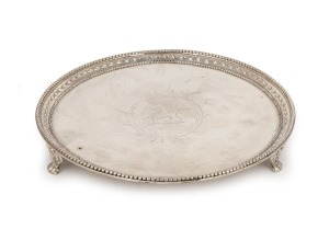 A Georgian sterling silver salver with engraved griffin crest, by John Crouch I & John Hannam of London, circa 1777, 19cm diameter, 305 grams.