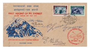 EDMUND HILLARY and TENSING NORGAY original signatures on a 1978 limited edition commemorative envelope carried on a special helicopter flight over Mount Everest on the 25th anniversary of the "First Ascent of Mt. Everest"; the envelope is also signed by t