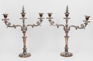 An impressive pair of three branch silver plated candelabras, 19th/20th century (2 items), 59cm high