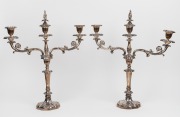 An impressive pair of three branch silver plated candelabras, 19th/20th century (2 items), 59cm high