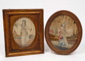 Two Regency period silk embroideries in gilt frames, early 19th century, ​​​​​​​the larger 29 x 25cm overall.